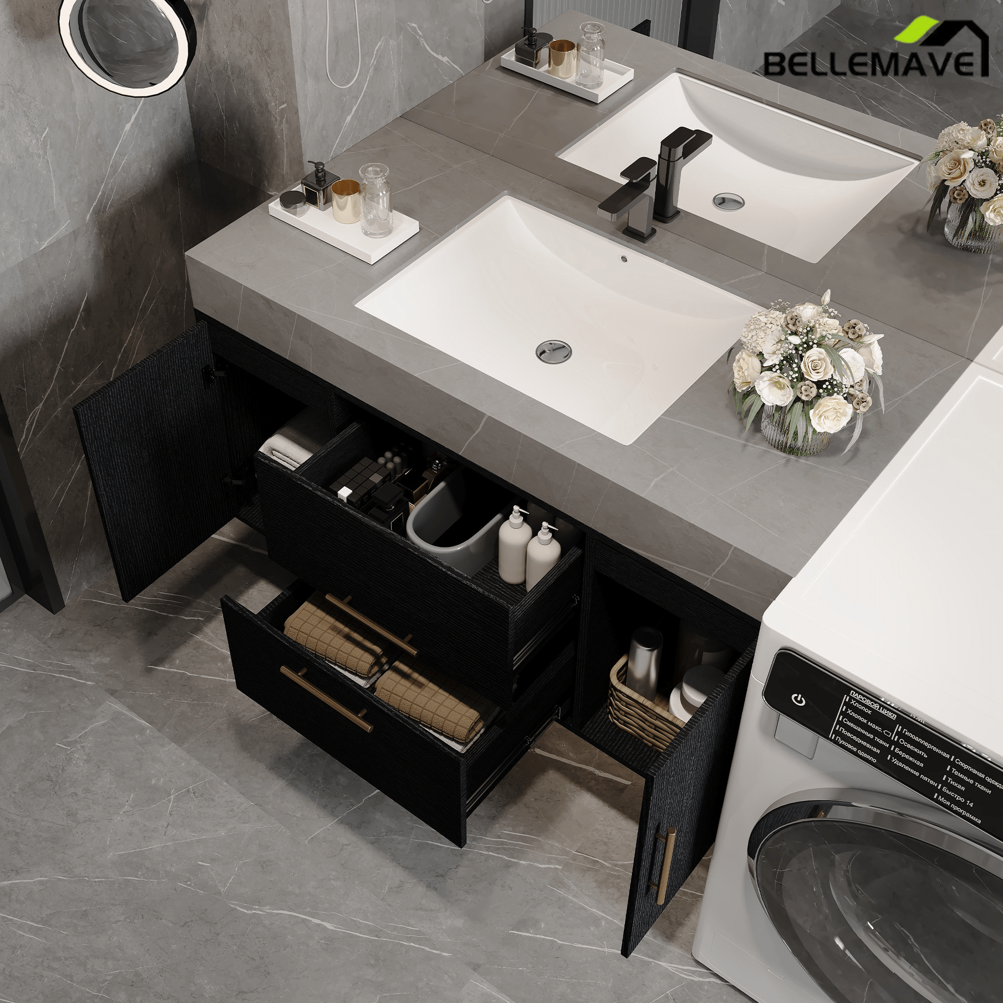 Bellemave® 39.4" Floating Bathroom Vanity with Ceramic Sink - Modern Wall - Mounted Design with 2 Drawers & 2 Storage Spaces, Modern Bathroom Sink Cabinet with Metal Handles, Black - Bellemave