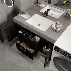 Bellemave® 39.4" Floating Bathroom Vanity with Ceramic Sink - Modern Wall - Mounted Design with 2 Drawers & 2 Storage Spaces, Modern Bathroom Sink Cabinet with Metal Handles, Black - Bellemave