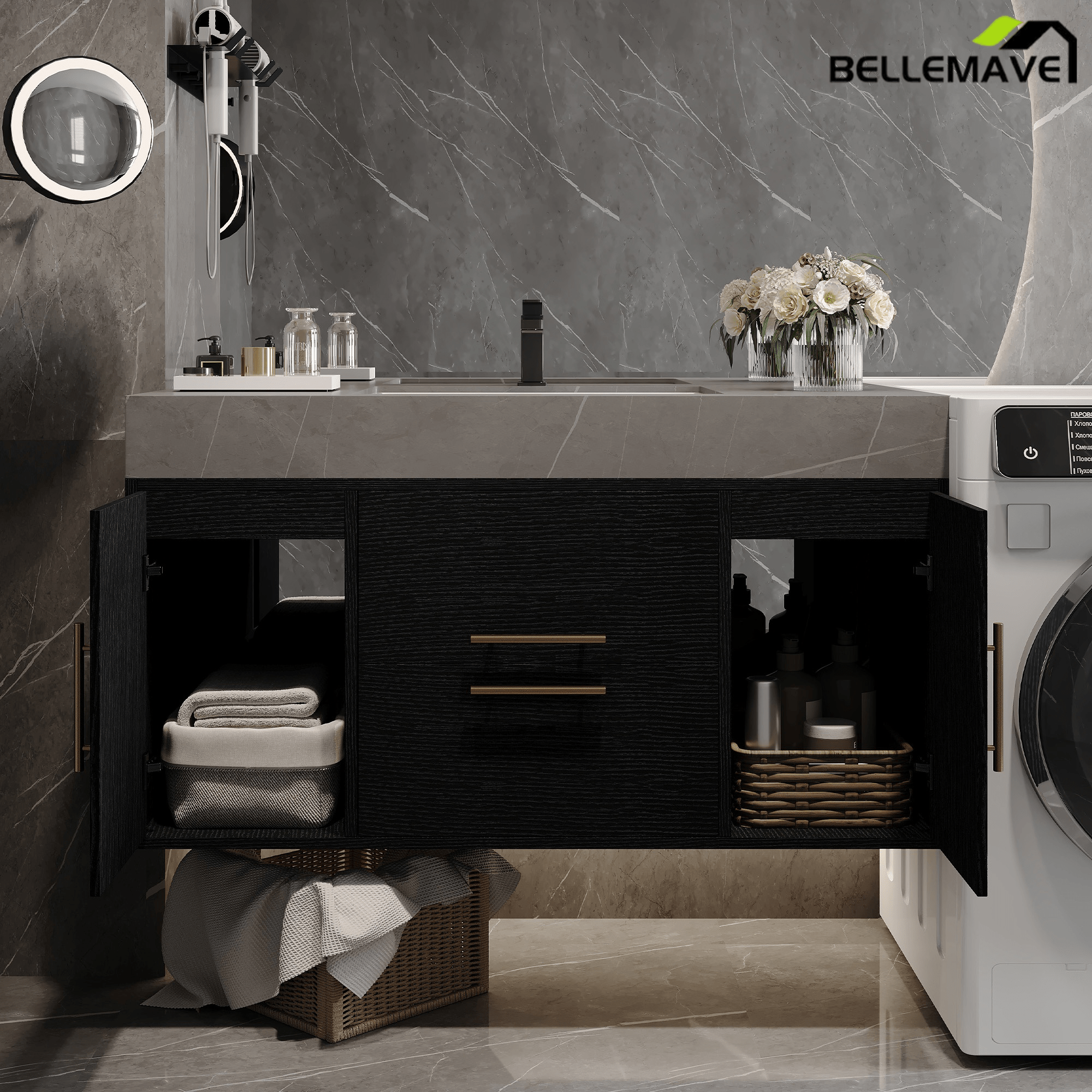 Bellemave® 39.4" Floating Bathroom Vanity with Ceramic Sink - Modern Wall - Mounted Design with 2 Drawers & 2 Storage Spaces, Modern Bathroom Sink Cabinet with Metal Handles, Black - Bellemave