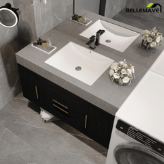 Bellemave® 39.4" Floating Bathroom Vanity with Ceramic Sink - Modern Wall - Mounted Design with 2 Drawers & 2 Storage Spaces, Modern Bathroom Sink Cabinet with Metal Handles, Black - Bellemave