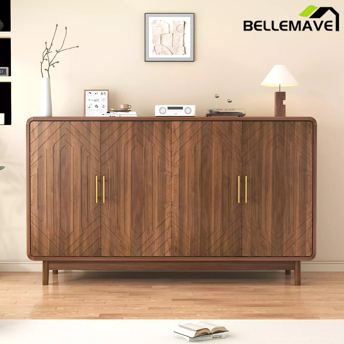 Bellemave® 4 Door Wooden Storage Cabinet - Farmhouse Style Sideboard with Adjustable Shelves for Living Room, Kitchen, Dining Room, entryway - Bellemave