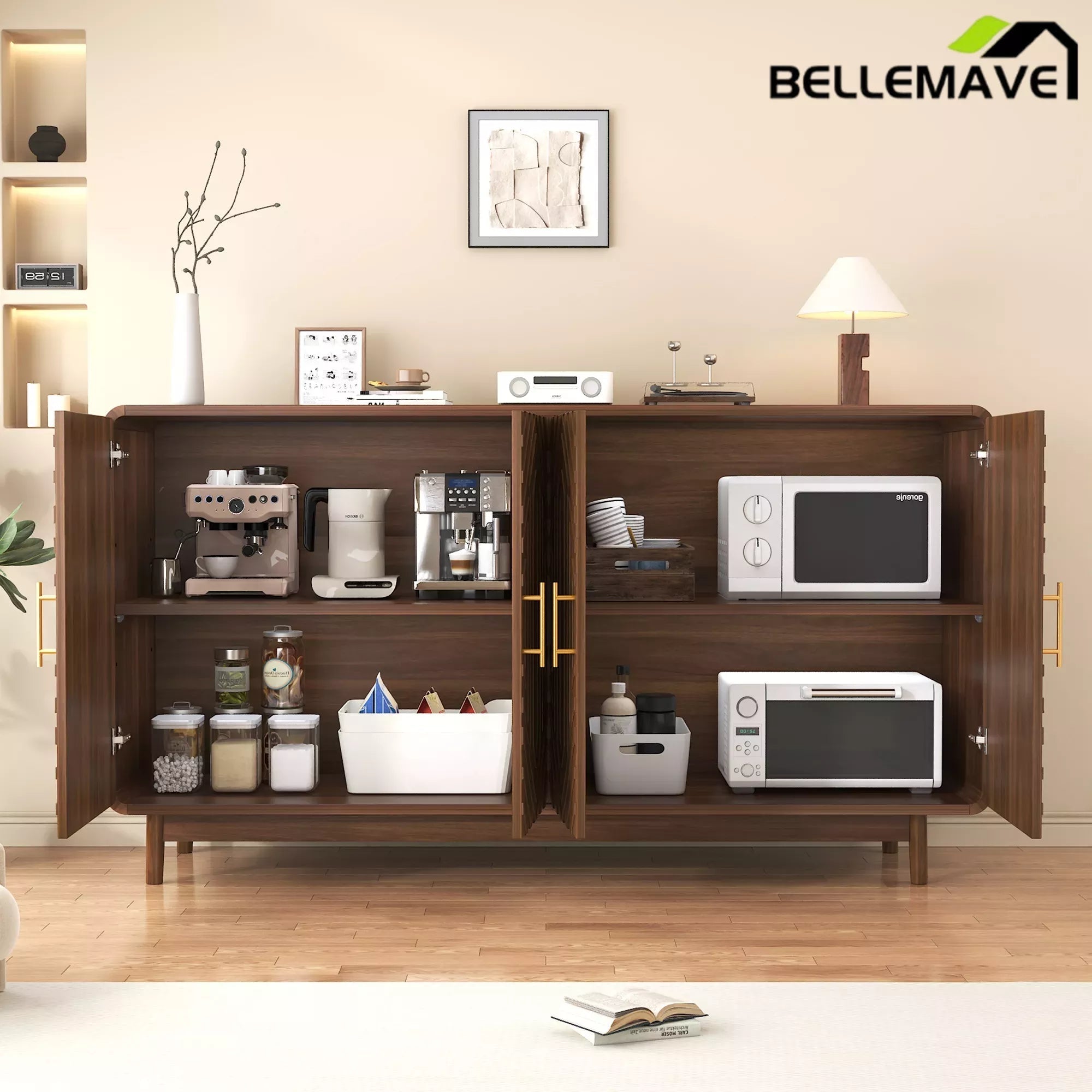 Bellemave® 4 Door Wooden Storage Cabinet - Farmhouse Style Sideboard with Adjustable Shelves for Living Room, Kitchen, Dining Room, entryway - Bellemave
