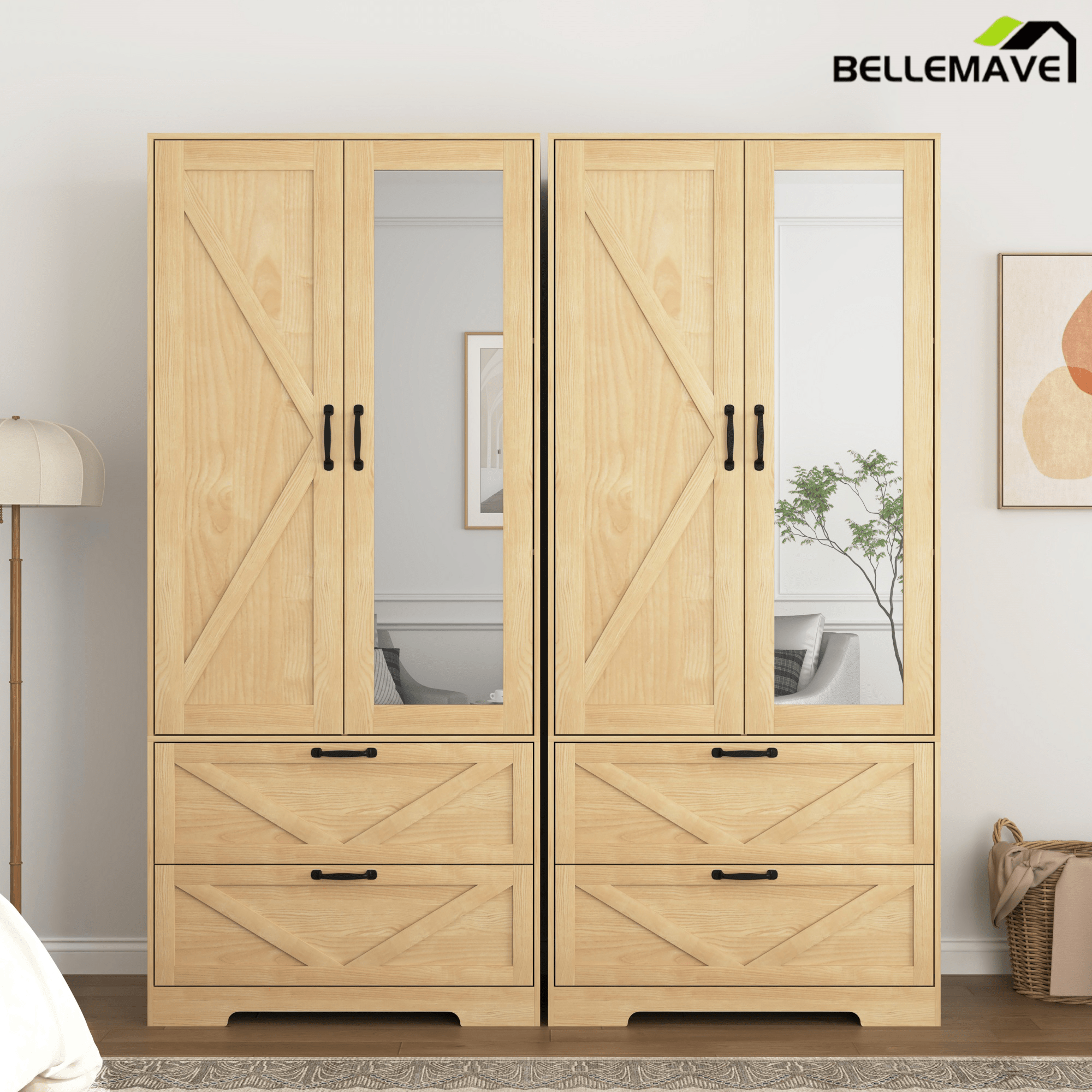 Bellemave® 4 Doors Wardrobe Closet with Mirror, LED Wardrobe with Doors and 2 Drawers, Wooden Wardrobe Storage Cabinet with Hanging Rod, Adjustable Shelves, Natural - Bellemave