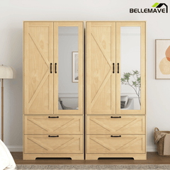 Bellemave® 4 Doors Wardrobe Closet with Mirror, LED Wardrobe with Doors and 2 Drawers, Wooden Wardrobe Storage Cabinet with Hanging Rod, Adjustable Shelves, Natural - Bellemave