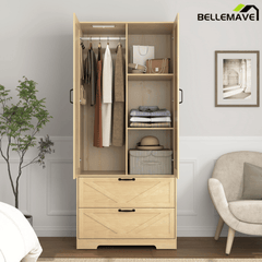 Bellemave® 4 Doors Wardrobe Closet with Mirror, LED Wardrobe with Doors and 2 Drawers, Wooden Wardrobe Storage Cabinet with Hanging Rod, Adjustable Shelves, Natural - Bellemave