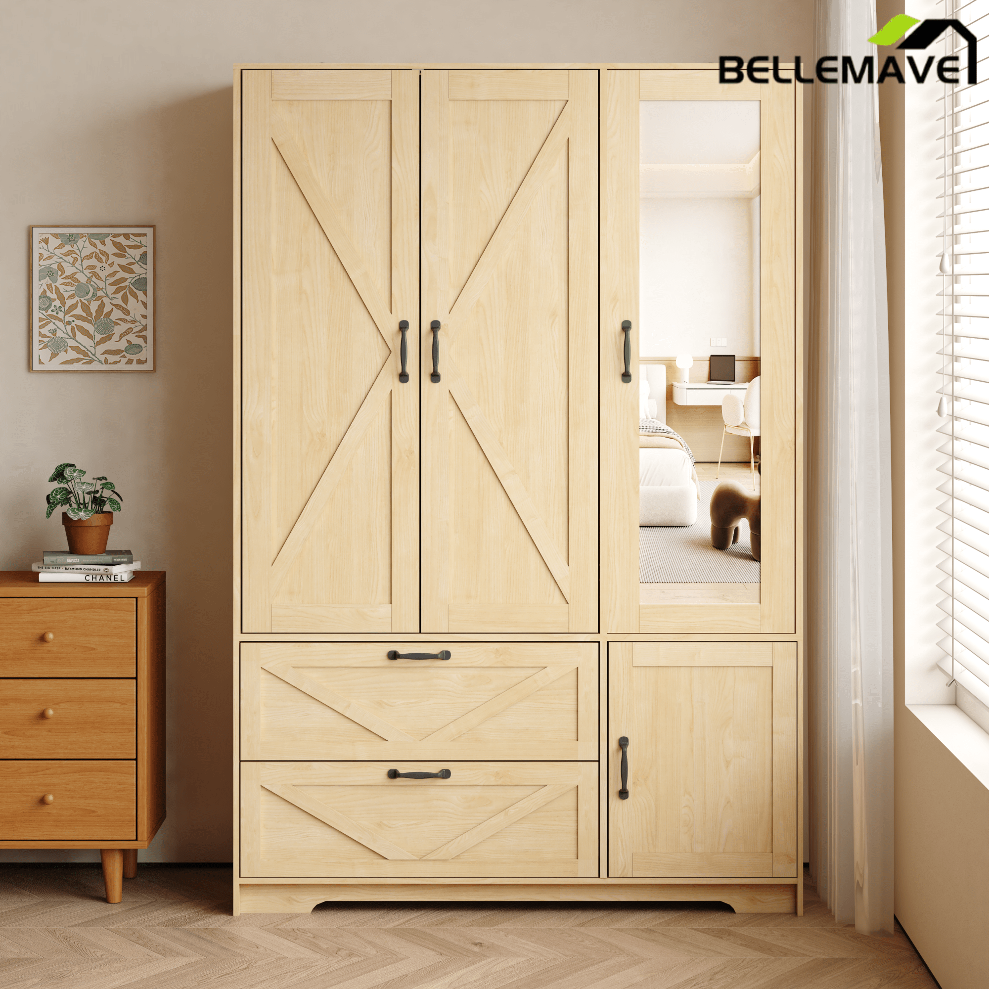 Bellemave® 4 Doors Wardrobe Closet with Mirror, LED Wardrobe with Doors and 2 Drawers, Wooden Wardrobe Storage Cabinet with Hanging Rod, Adjustable Shelves, Natural - Bellemave