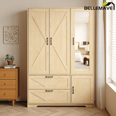Bellemave® 4 Doors Wardrobe Closet with Mirror, LED Wardrobe with Doors and 2 Drawers, Wooden Wardrobe Storage Cabinet with Hanging Rod, Adjustable Shelves, Natural - Bellemave