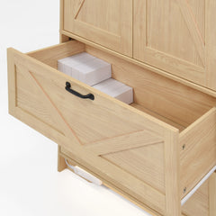 Bellemave® 4 Doors Wardrobe Closet with Mirror, LED Wardrobe with Doors and 2 Drawers, Wooden Wardrobe Storage Cabinet with Hanging Rod, Adjustable Shelves, Natural - Bellemave