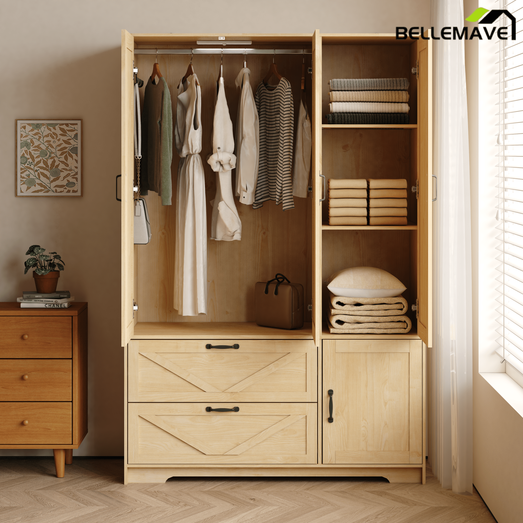 Bellemave® 4 Doors Wardrobe Closet with Mirror, LED Wardrobe with Doors and 2 Drawers, Wooden Wardrobe Storage Cabinet with Hanging Rod, Adjustable Shelves, Natural - Bellemave