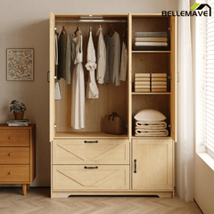 Bellemave® 4 Doors Wardrobe Closet with Mirror, LED Wardrobe with Doors and 2 Drawers, Wooden Wardrobe Storage Cabinet with Hanging Rod, Adjustable Shelves, Natural - Bellemave