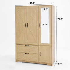 Bellemave® 4 Doors Wardrobe Closet with Mirror, LED Wardrobe with Doors and 2 Drawers, Wooden Wardrobe Storage Cabinet with Hanging Rod, Adjustable Shelves, Natural - Bellemave