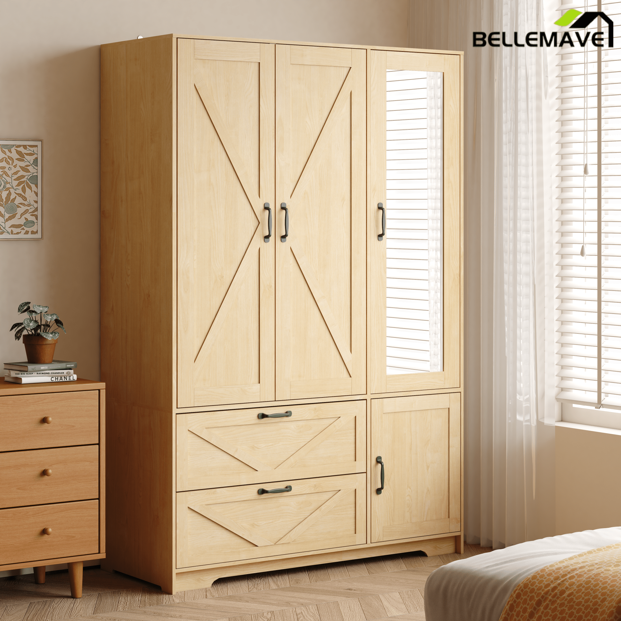Bellemave® 4 Doors Wardrobe Closet with Mirror, LED Wardrobe with Doors and 2 Drawers, Wooden Wardrobe Storage Cabinet with Hanging Rod, Adjustable Shelves, Natural - Bellemave