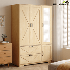 Bellemave® 4 Doors Wardrobe Closet with Mirror, LED Wardrobe with Doors and 2 Drawers, Wooden Wardrobe Storage Cabinet with Hanging Rod, Adjustable Shelves, Natural - Bellemave