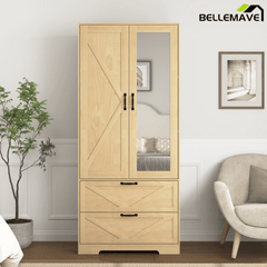 Bellemave® 4 Doors Wardrobe Closet with Mirror, LED Wardrobe with Doors and 2 Drawers, Wooden Wardrobe Storage Cabinet with Hanging Rod, Adjustable Shelves, Natural - Bellemave