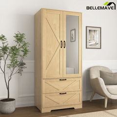 Bellemave® 4 Doors Wardrobe Closet with Mirror, LED Wardrobe with Doors and 2 Drawers, Wooden Wardrobe Storage Cabinet with Hanging Rod, Adjustable Shelves, Natural - Bellemave