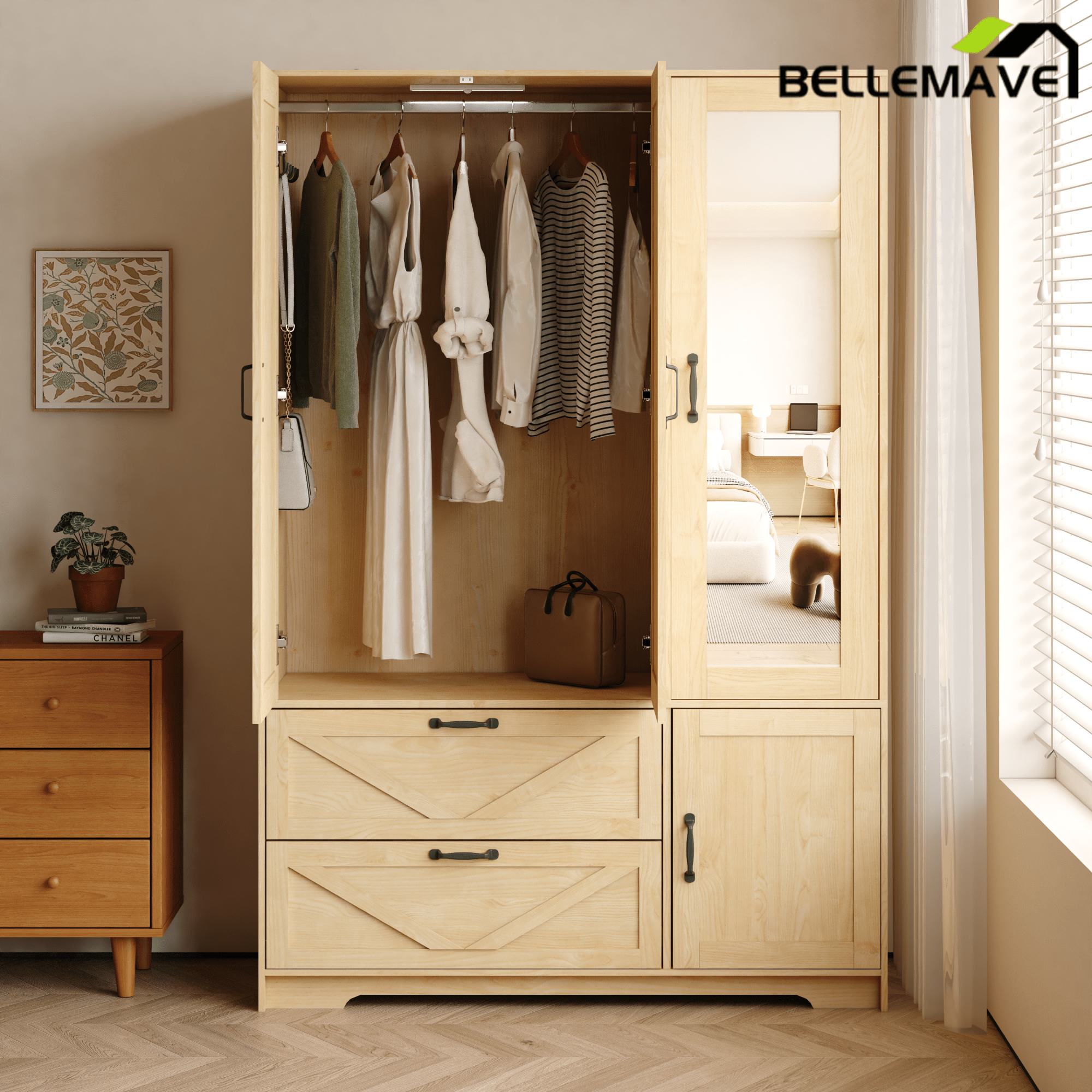 Bellemave® 4 Doors Wardrobe Closet with Mirror, LED Wardrobe with Doors and 2 Drawers, Wooden Wardrobe Storage Cabinet with Hanging Rod, Adjustable Shelves, Natural - Bellemave
