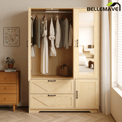 Bellemave® 4 Doors Wardrobe Closet with Mirror, LED Wardrobe with Doors and 2 Drawers, Wooden Wardrobe Storage Cabinet with Hanging Rod, Adjustable Shelves, Natural - Bellemave