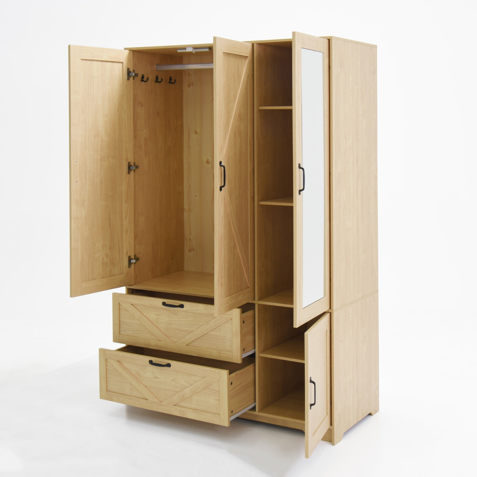 Bellemave® 4 Doors Wardrobe Closet with Mirror, LED Wardrobe with Doors and 2 Drawers, Wooden Wardrobe Storage Cabinet with Hanging Rod, Adjustable Shelves, Natural - Bellemave