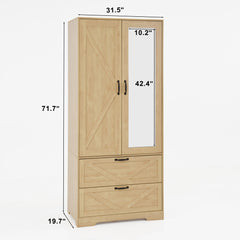 Bellemave® 4 Doors Wardrobe Closet with Mirror, LED Wardrobe with Doors and 2 Drawers, Wooden Wardrobe Storage Cabinet with Hanging Rod, Adjustable Shelves, Natural - Bellemave