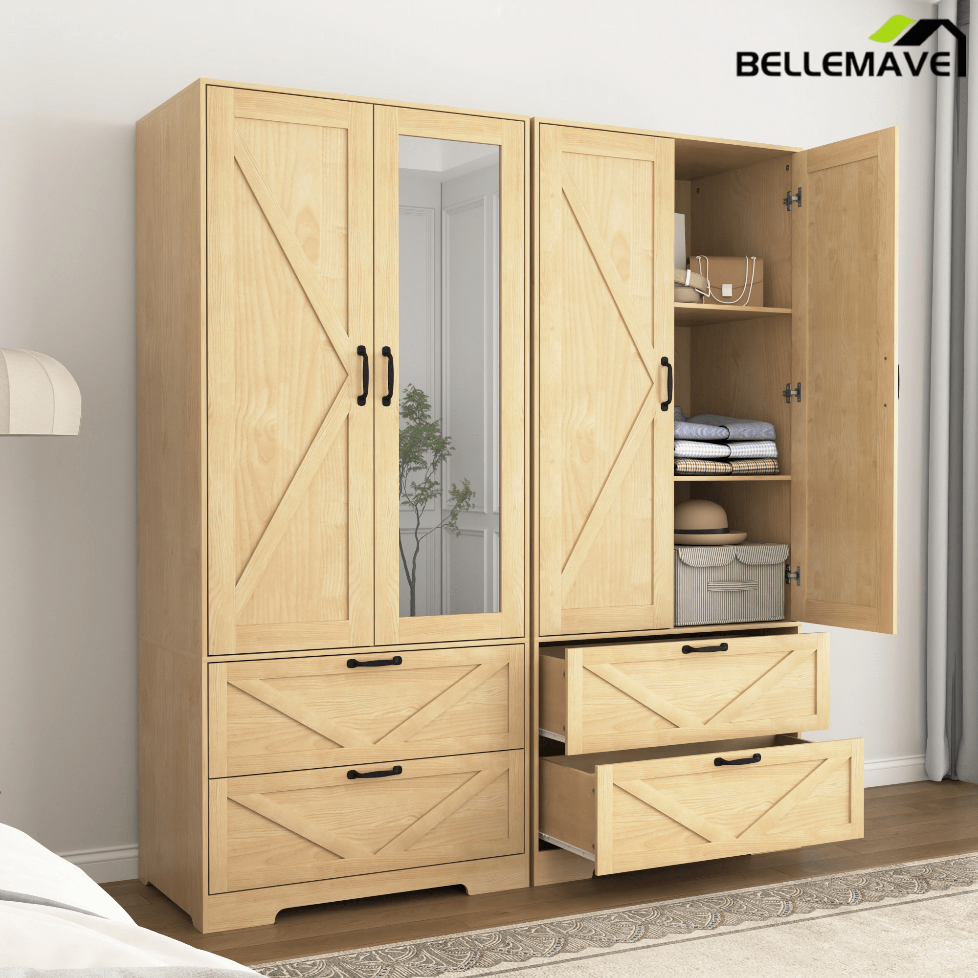 Bellemave® 4 Doors Wardrobe Closet with Mirror, LED Wardrobe with Doors and 2 Drawers, Wooden Wardrobe Storage Cabinet with Hanging Rod, Adjustable Shelves, Natural - Bellemave