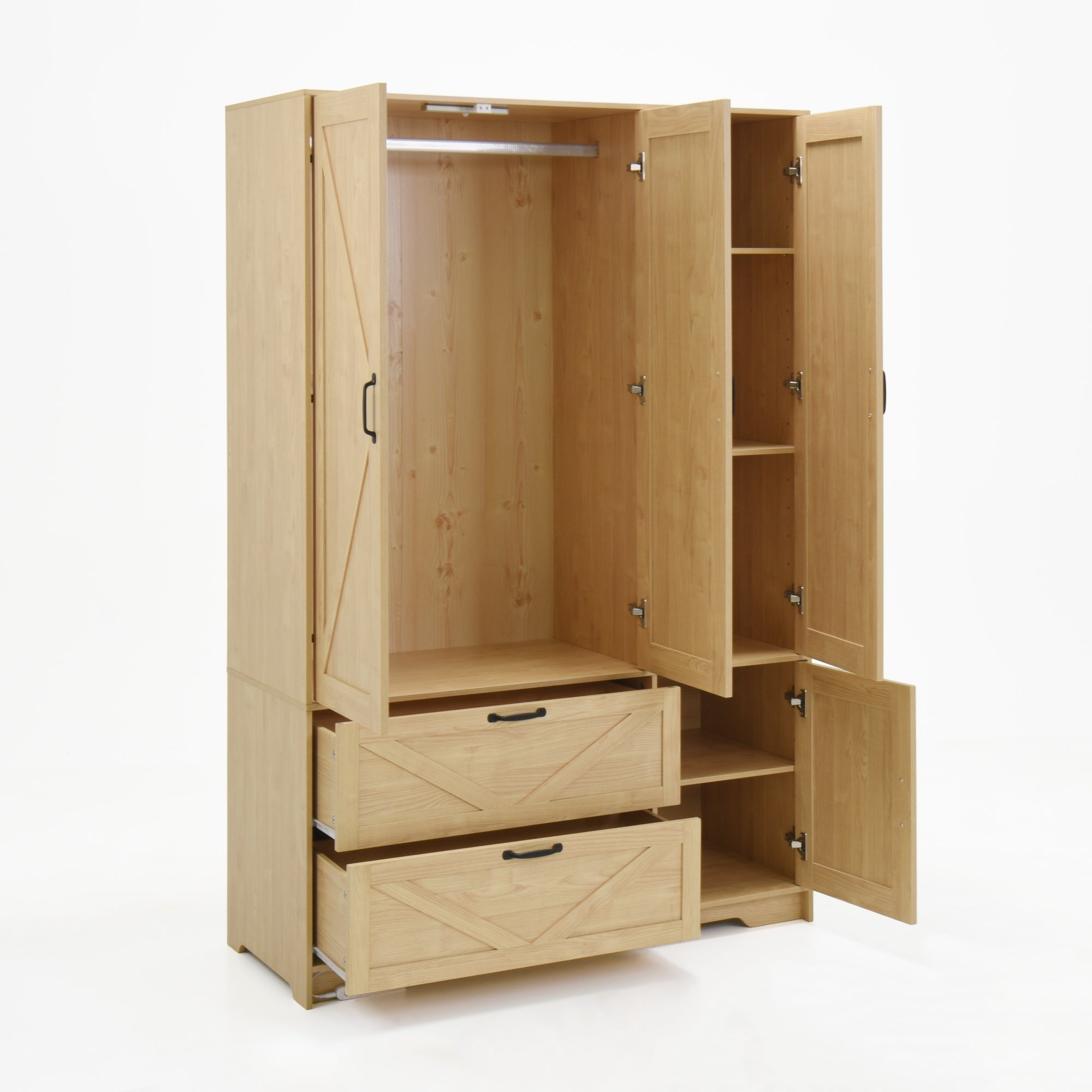 Bellemave® 4 Doors Wardrobe Closet with Mirror, LED Wardrobe with Doors and 2 Drawers, Wooden Wardrobe Storage Cabinet with Hanging Rod, Adjustable Shelves, Natural - Bellemave