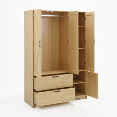 Bellemave® 4 Doors Wardrobe Closet with Mirror, LED Wardrobe with Doors and 2 Drawers, Wooden Wardrobe Storage Cabinet with Hanging Rod, Adjustable Shelves, Natural - Bellemave