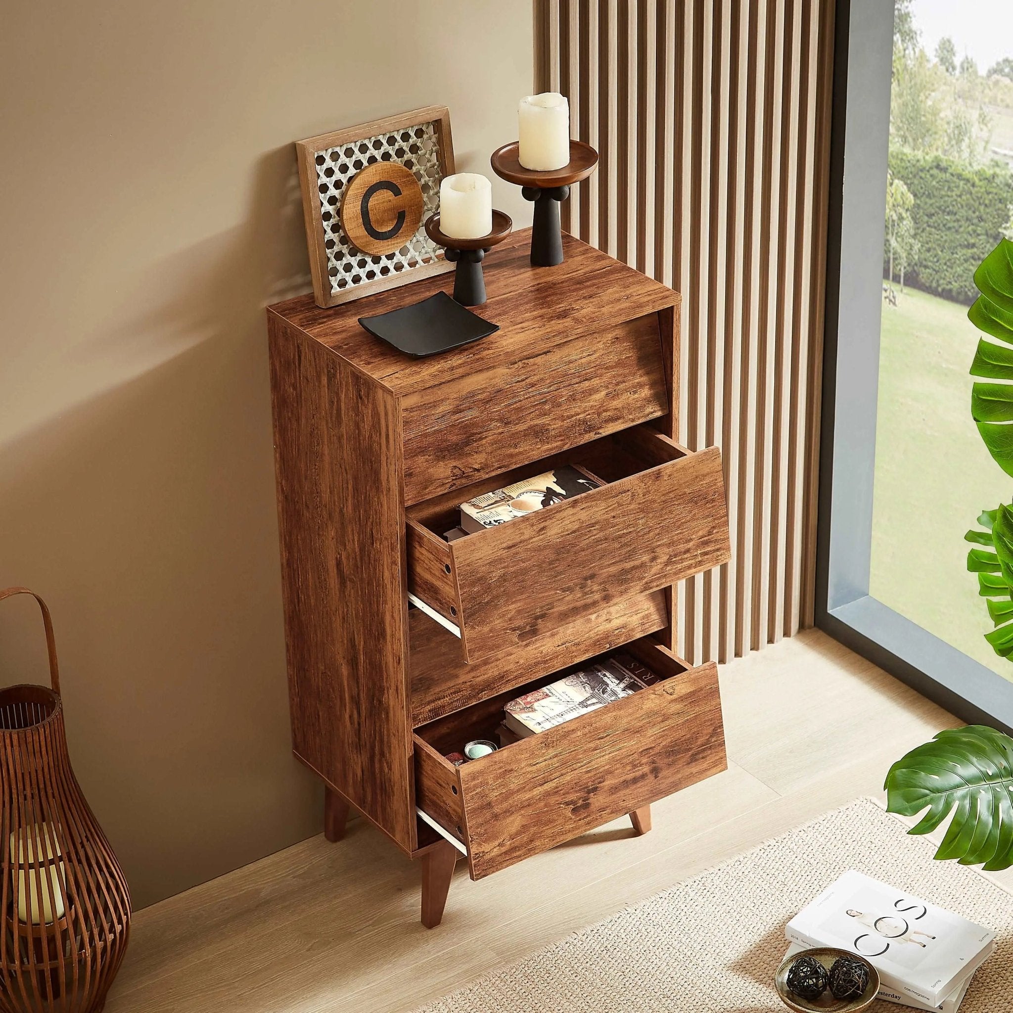 Bellemave® 4 Drawer Double Dresser Features Vintage - style and Bevel Design - Bellemave