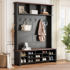 Bellemave® 4 - in - 1 Hall Tree with 6 Hooks, Adjustable Shelves and 16 Open Compartments - Bellemave