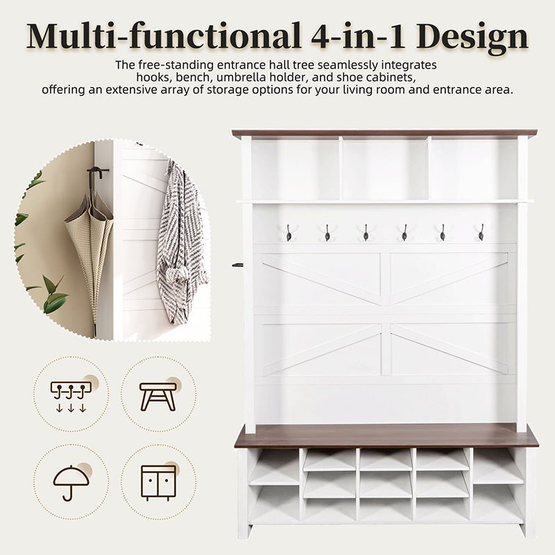 Bellemave® 4 - in - 1 Hall Tree with 6 Hooks, Adjustable Shelves and 16 Open Compartments - Bellemave