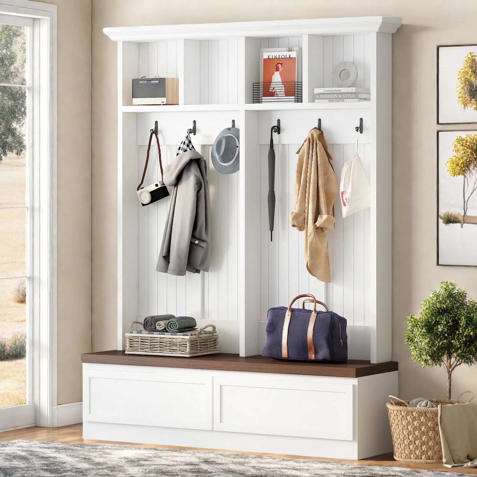 Bellemave® 4 - in - 1 Hall Tree with Wood Grain Bench and 2 Large Drawer - Bellemave