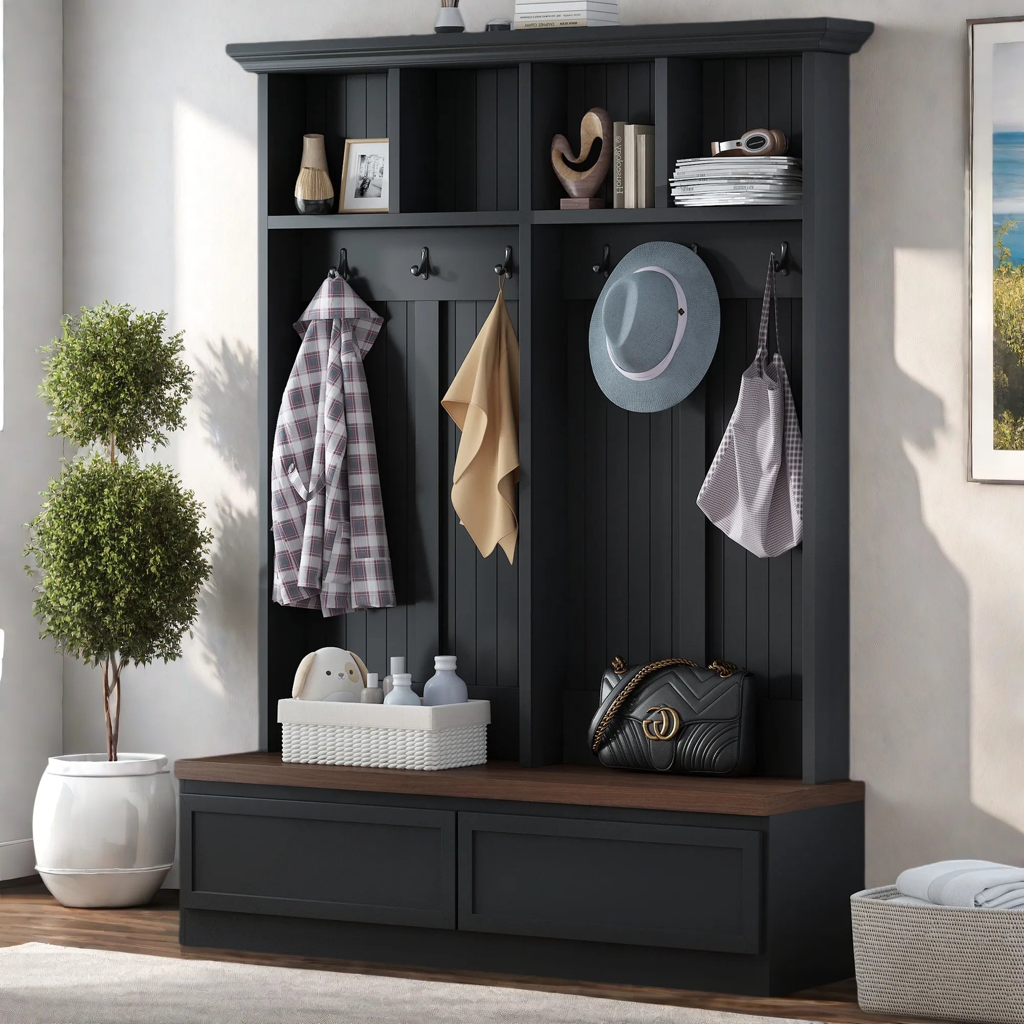 Bellemave® 4 - in - 1 Hall Tree with Wood Grain Bench and 2 Large Drawer - Bellemave