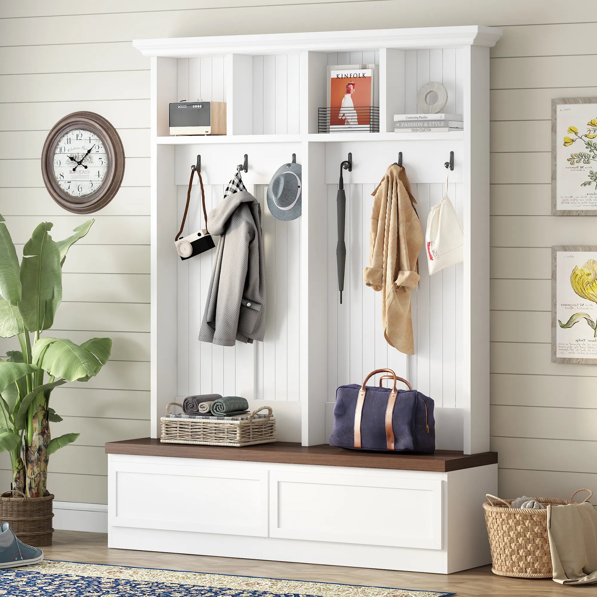 Bellemave® 4 - in - 1 Hall Tree with Wood Grain Bench and 2 Large Drawer - Bellemave