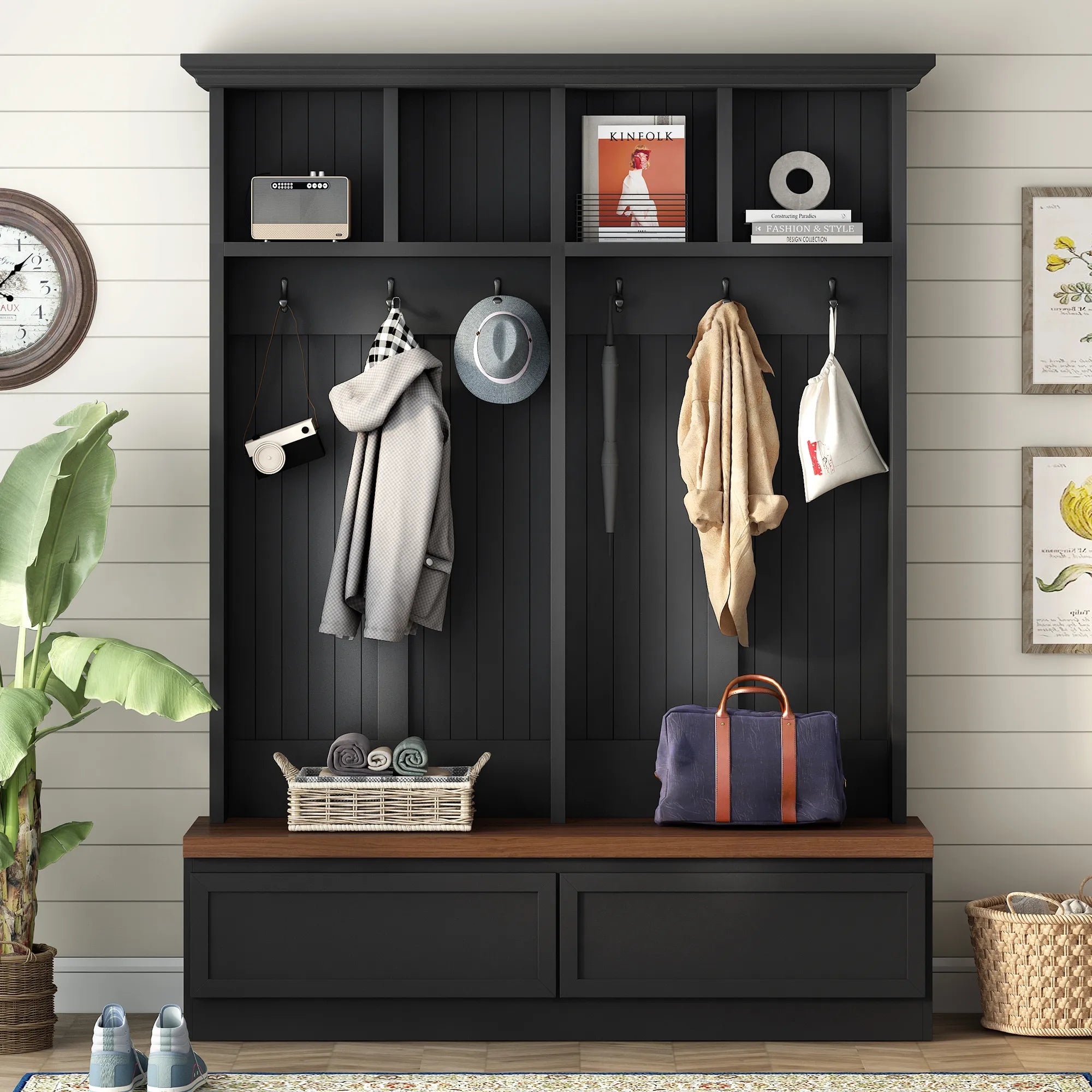 Bellemave® 4 - in - 1 Hall Tree with Wood Grain Bench and 2 Large Drawer - Bellemave
