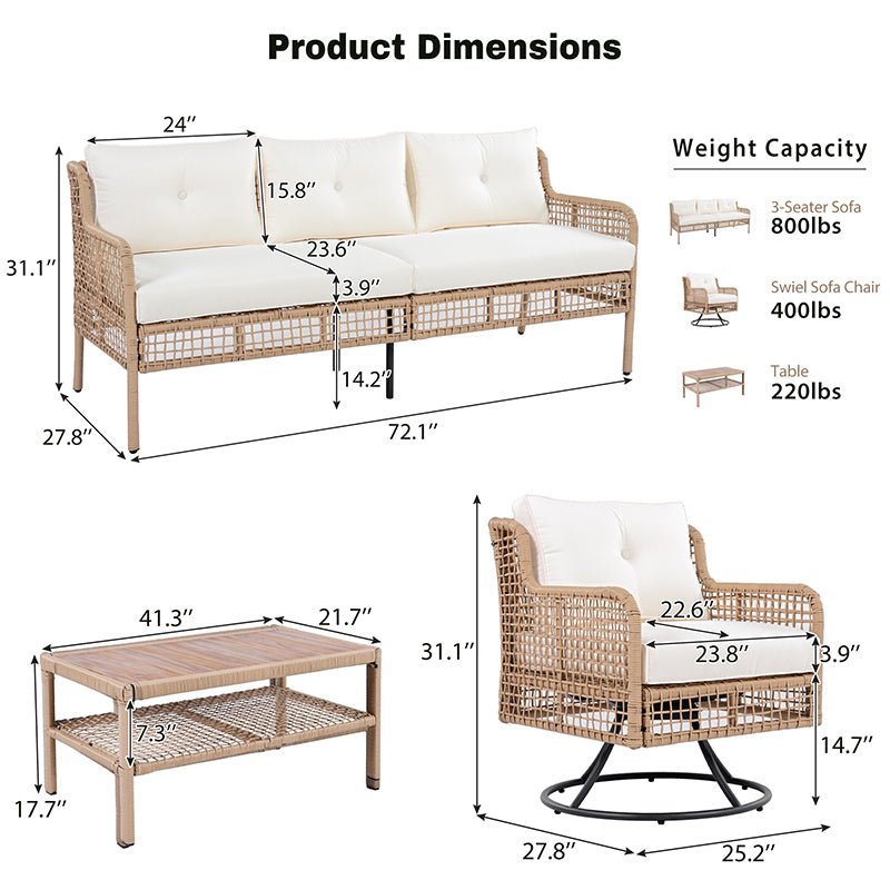 Bellemave® 4 Pieces Patio Furniture Set with Table, 2 Swivel Chairs and Outdoor Wicker Sofa - Bellemave