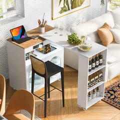Bellemave® 41" Rolling Kitchen Island with Extended Table and LED Lights,Power Outlets and 2 Fluted Glass Doors, a Storage Compartment and Side 3 Open Shelves - Bellemave