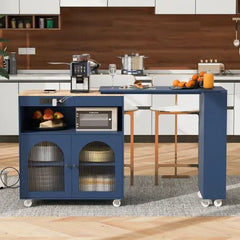 Bellemave® 41" Rolling Kitchen Island with Extended Table and LED Lights,Power Outlets and 2 Fluted Glass Doors, a Storage Compartment and Side 3 Open Shelves - Bellemave