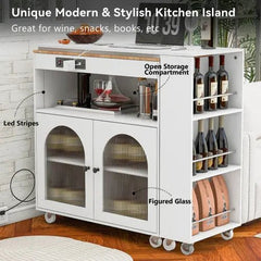 Bellemave® 41" Rolling Kitchen Island with Extended Table and LED Lights,Power Outlets and 2 Fluted Glass Doors, a Storage Compartment and Side 3 Open Shelves - Bellemave