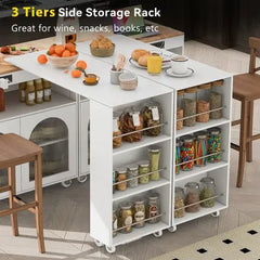 Bellemave® 41" Rolling Kitchen Island with Extended Table and LED Lights,Power Outlets and 2 Fluted Glass Doors, a Storage Compartment and Side 3 Open Shelves - Bellemave