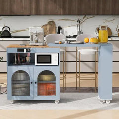 Bellemave® 41" Rolling Kitchen Island with Extended Table and LED Lights,Power Outlets and 2 Fluted Glass Doors, a Storage Compartment and Side 3 Open Shelves - Bellemave