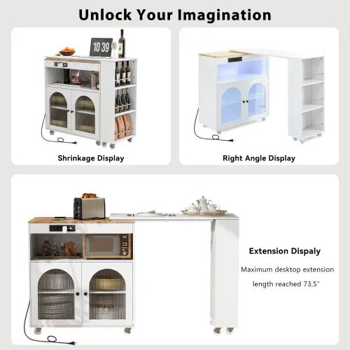 Bellemave® 41" Rolling Kitchen Island with Extended Table and LED Lights,Power Outlets and 2 Fluted Glass Doors, a Storage Compartment and Side 3 Open Shelves - Bellemave
