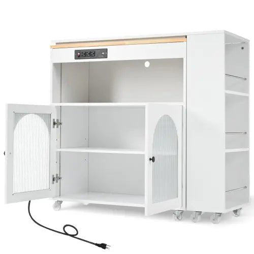 Bellemave® 41" Rolling Kitchen Island with Extended Table and LED Lights,Power Outlets and 2 Fluted Glass Doors, a Storage Compartment and Side 3 Open Shelves - Bellemave