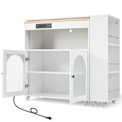 Bellemave® 41" Rolling Kitchen Island with Extended Table and LED Lights,Power Outlets and 2 Fluted Glass Doors, a Storage Compartment and Side 3 Open Shelves - Bellemave