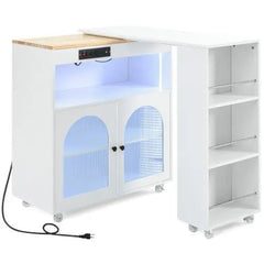 Bellemave® 41" Rolling Kitchen Island with Extended Table and LED Lights,Power Outlets and 2 Fluted Glass Doors, a Storage Compartment and Side 3 Open Shelves - Bellemave