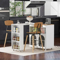 Bellemave® 41" Rolling Kitchen Island with Extended Table and LED Lights,Power Outlets and 2 Fluted Glass Doors, a Storage Compartment and Side 3 Open Shelves - Bellemave