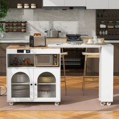 Bellemave® 41" Rolling Kitchen Island with Extended Table and LED Lights,Power Outlets and 2 Fluted Glass Doors, a Storage Compartment and Side 3 Open Shelves - Bellemave