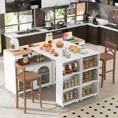 Bellemave® 41" Rolling Kitchen Island with Extended Table and LED Lights,Power Outlets and 2 Fluted Glass Doors, a Storage Compartment and Side 3 Open Shelves - Bellemave