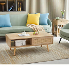Bellemave® 41.34" Rattan Coffee table, Sliding Door For Storage, Solid Wood Legs - Bellemave