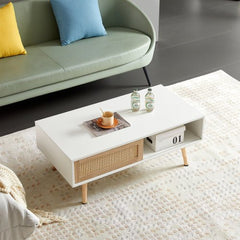 Bellemave® 41.34" Rattan Coffee table, Sliding Door For Storage, Solid Wood Legs - Bellemave