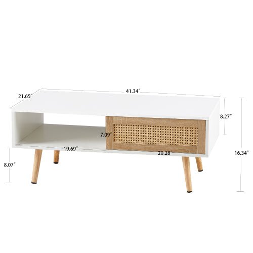 Bellemave® 41.34" Rattan Coffee table, Sliding Door For Storage, Solid Wood Legs - Bellemave