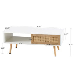 Bellemave® 41.34" Rattan Coffee table, Sliding Door For Storage, Solid Wood Legs - Bellemave
